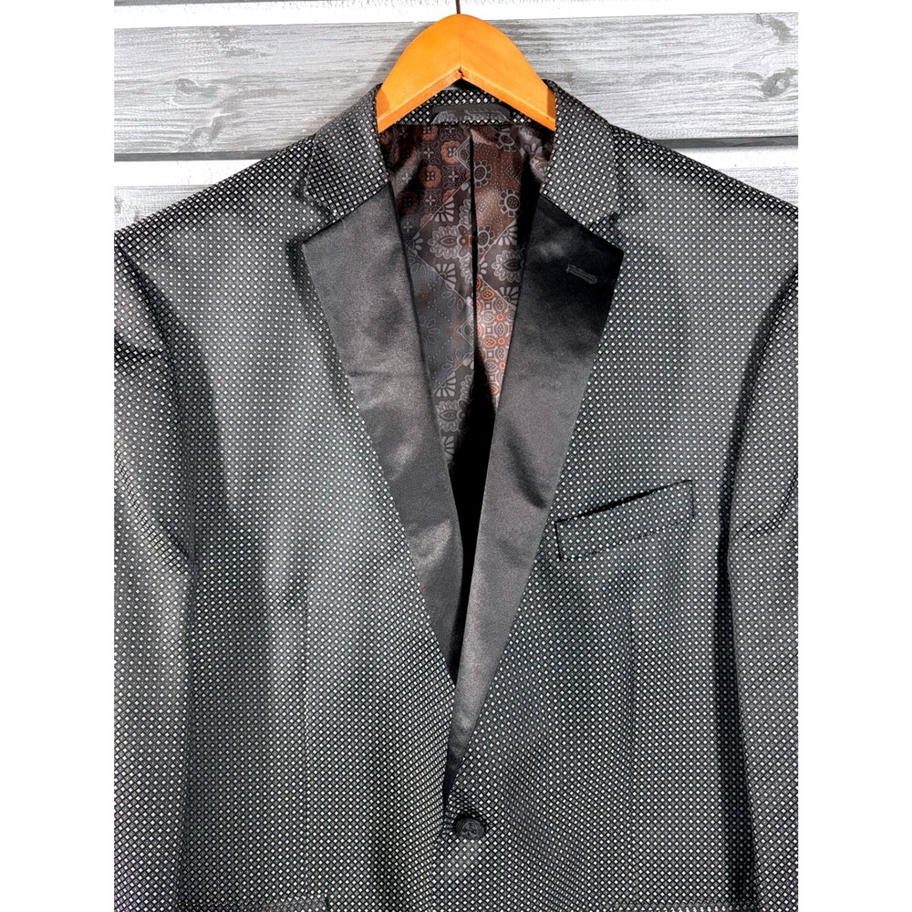 Van Heusen Studio Mens 46R Blazer Black Silver Geometric Satin Peak Lapel Jacket